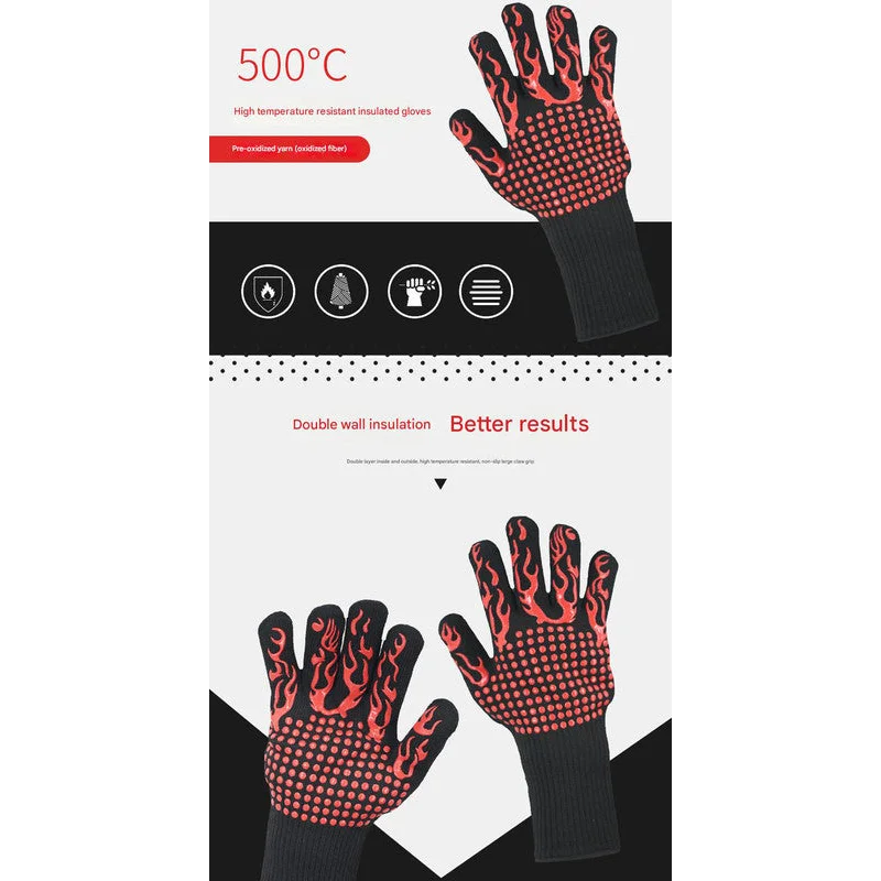 Red Flame Pattern Extreme Heat Resistant BBQ Gloves - 500°C