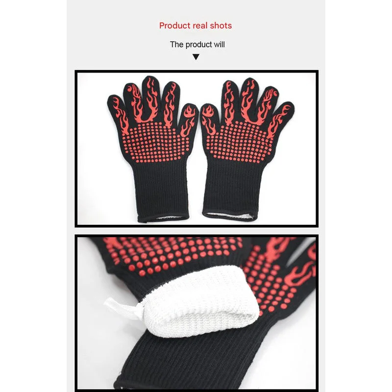 Red Flame Pattern Extreme Heat Resistant BBQ Gloves - 500°C