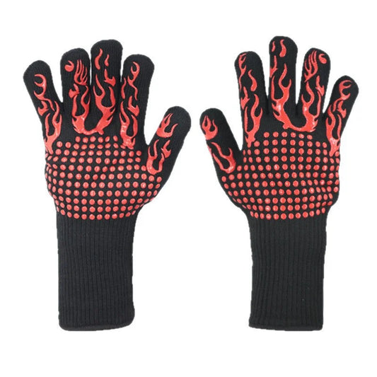 Red Flame Pattern Extreme Heat Resistant BBQ Gloves - 500°C