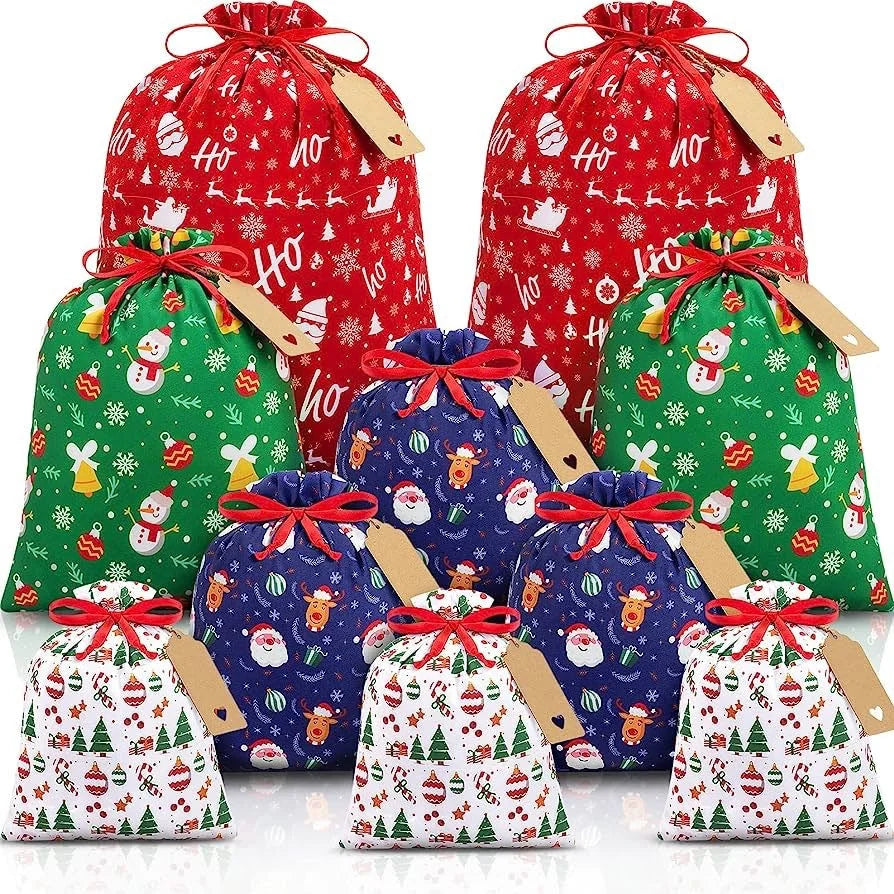Red flannel Christmas Gift Drawstring Bags Set - Festive