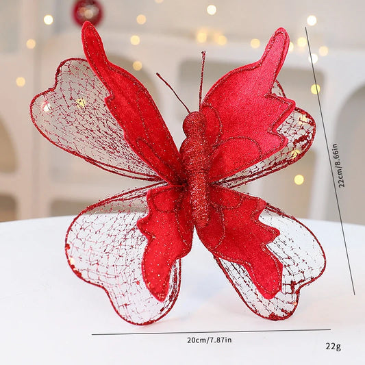 Red Large Glitter Butterfly Christmas Ornaments (Set of 2)