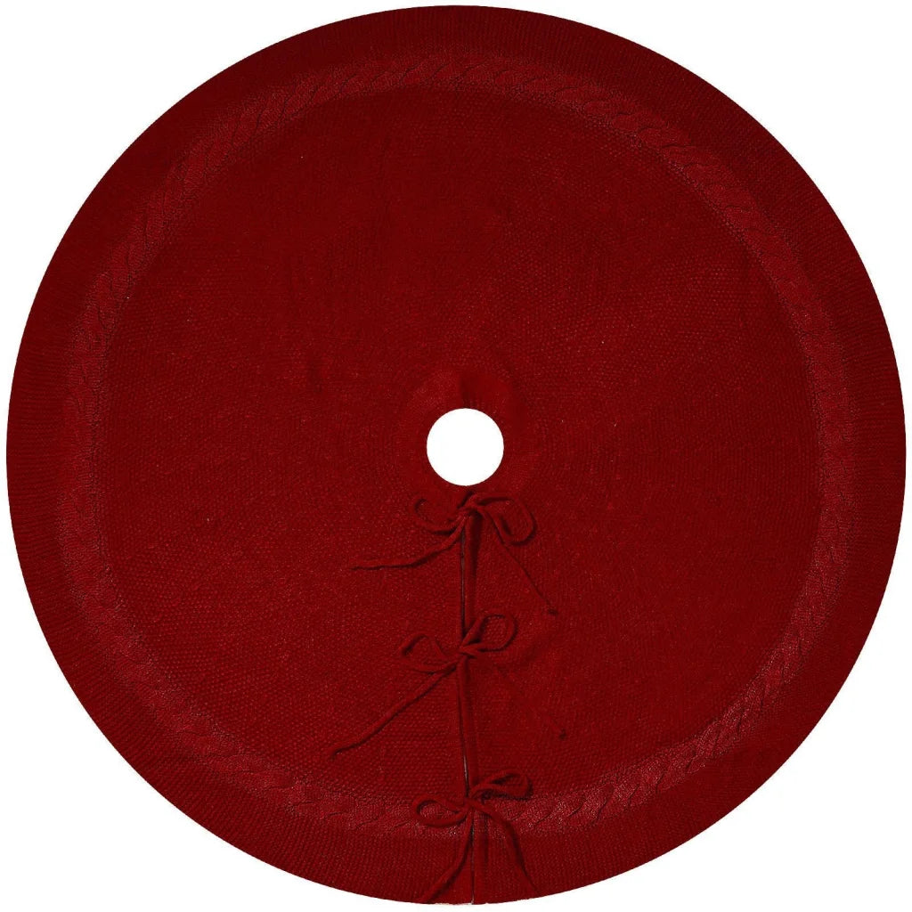 Red Luxury Knit Christmas Tree Skirt with Cable-Knit Border