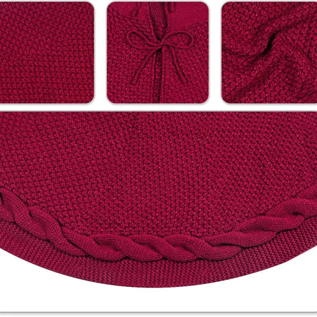 Red Luxury Knit Christmas Tree Skirt with Cable-Knit Border