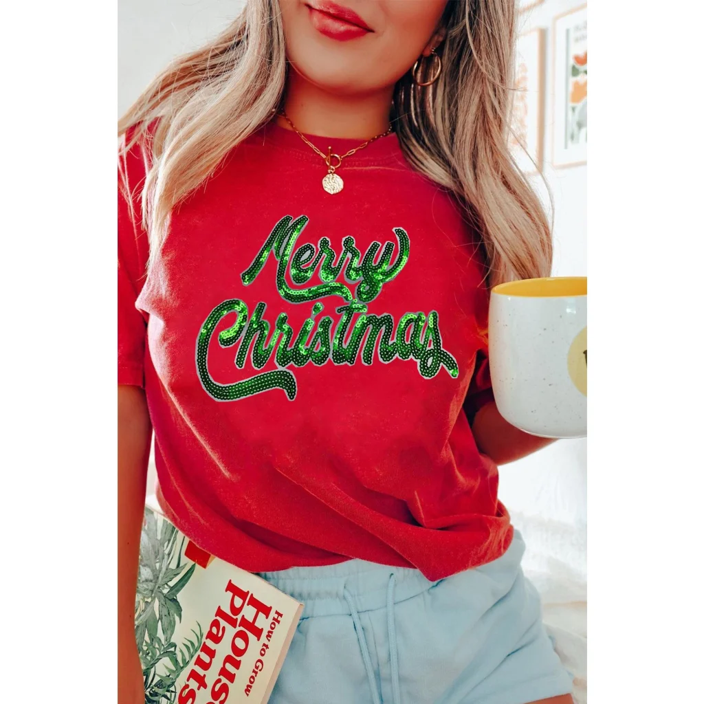 Red Merry Christmas Graphic Crewneck T Shirt - M - Fashion
