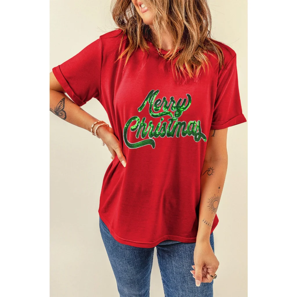 Red Merry Christmas Graphic Crewneck T Shirt - M - Fashion