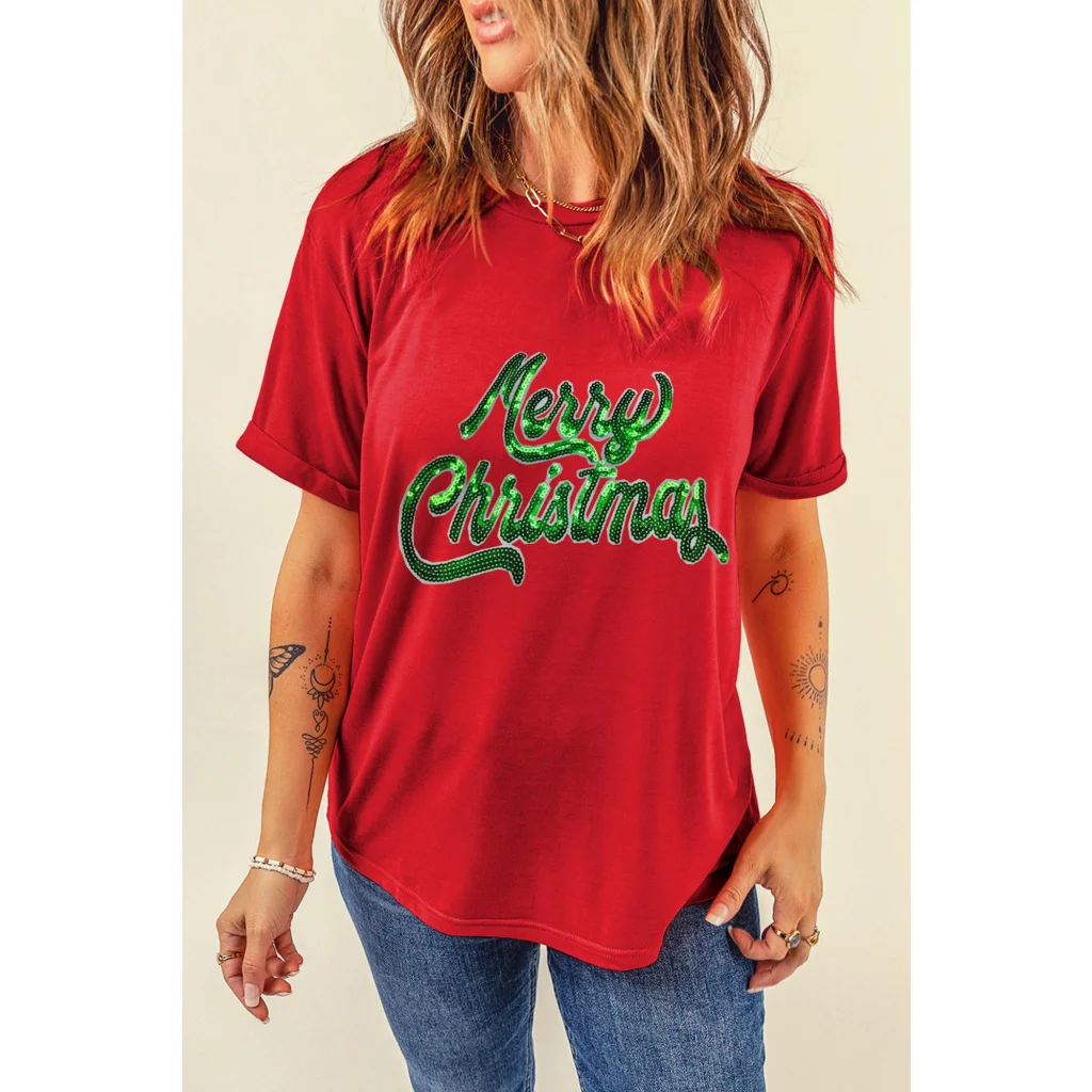 Red Merry Christmas Graphic Crewneck T Shirt - XL - Fashion