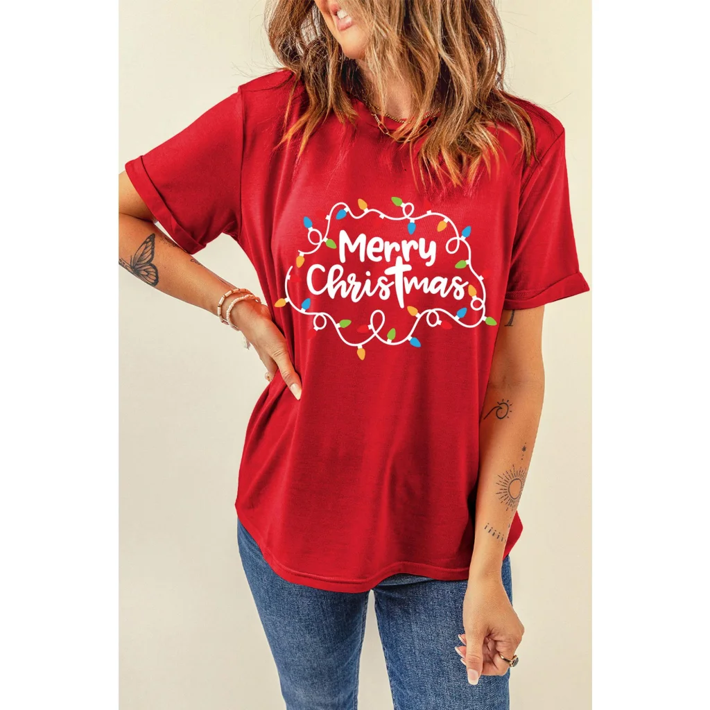 Red Merry Christmas Lights Print Crew Neck T Shirt - M