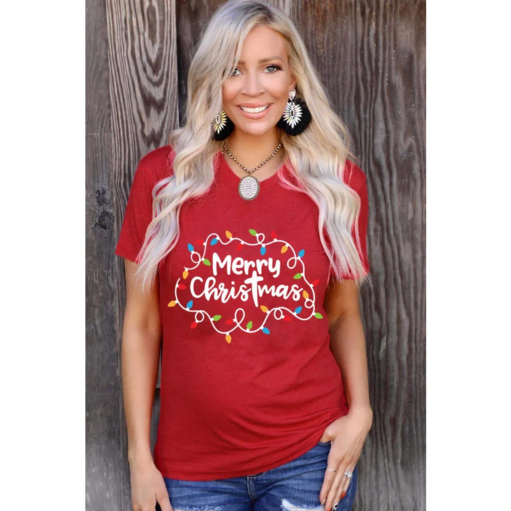 Red Merry Christmas Lights Print Crew Neck T Shirt - M