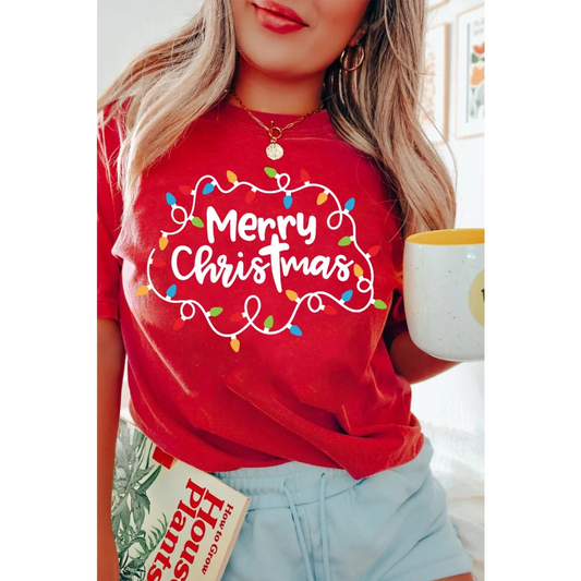 Red Merry Christmas Lights Print Crew Neck T Shirt - M