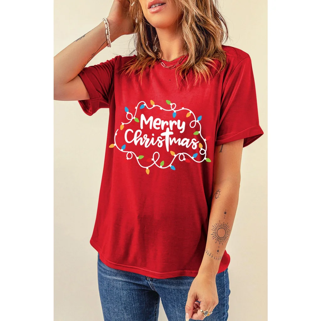 Red Merry Christmas Lights Print Crew Neck T Shirt - M