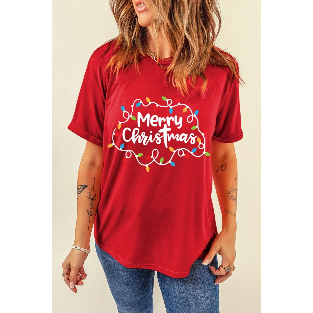 Red Merry Christmas Lights Print Crew Neck T Shirt - M