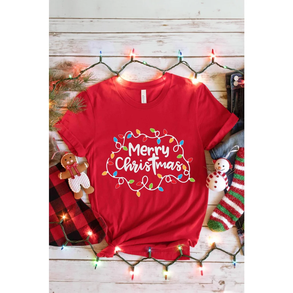 Red Merry Christmas Lights Print Crew Neck T Shirt - M