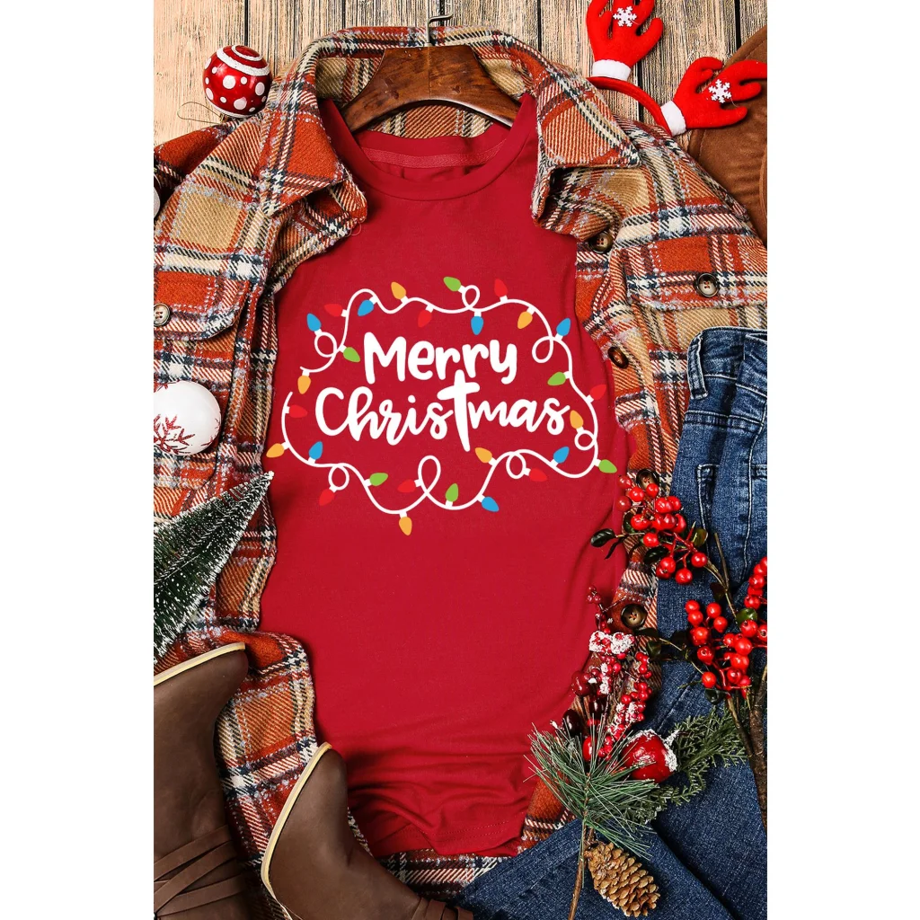 Red Merry Christmas Lights Print Crew Neck T Shirt - S