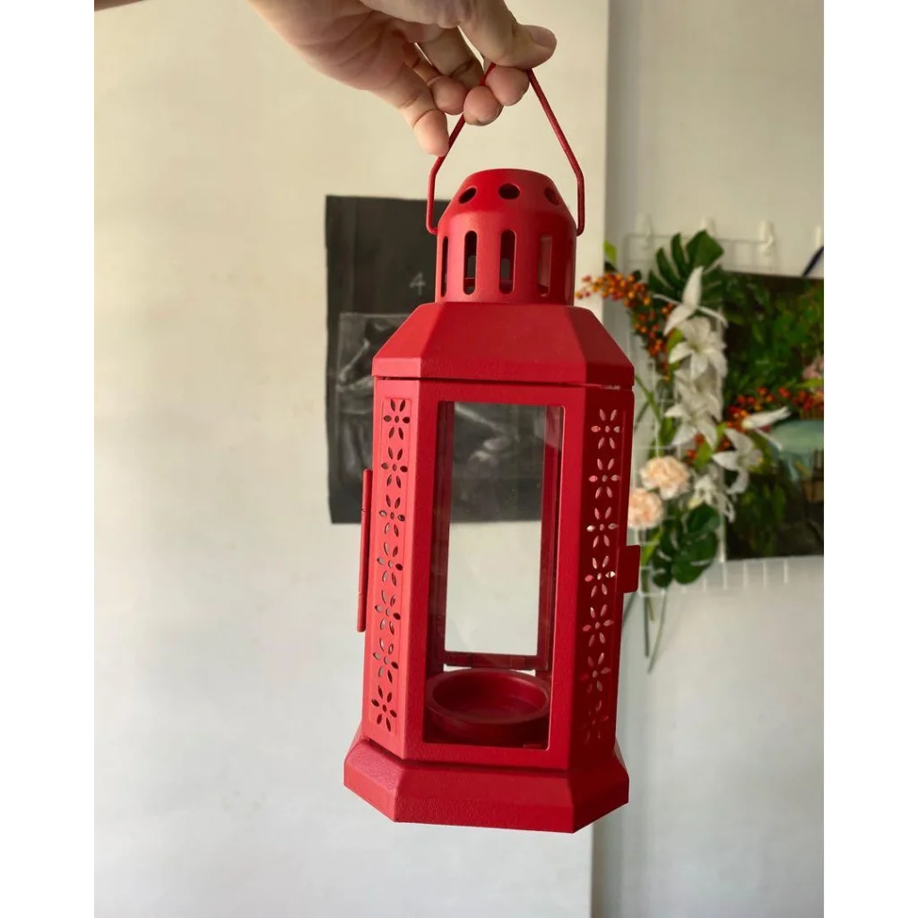 Red Metal Miners Lantern 21cm Tealight Candle Holder
