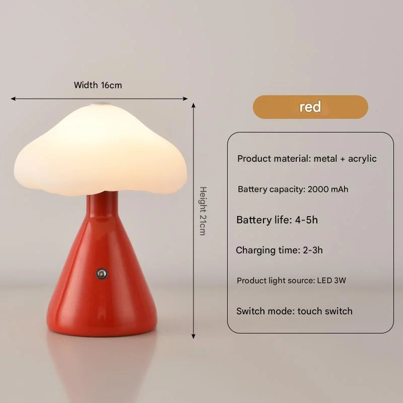 Red Mushroom LED Table Lamp - Rechargeable 3-Color Touch