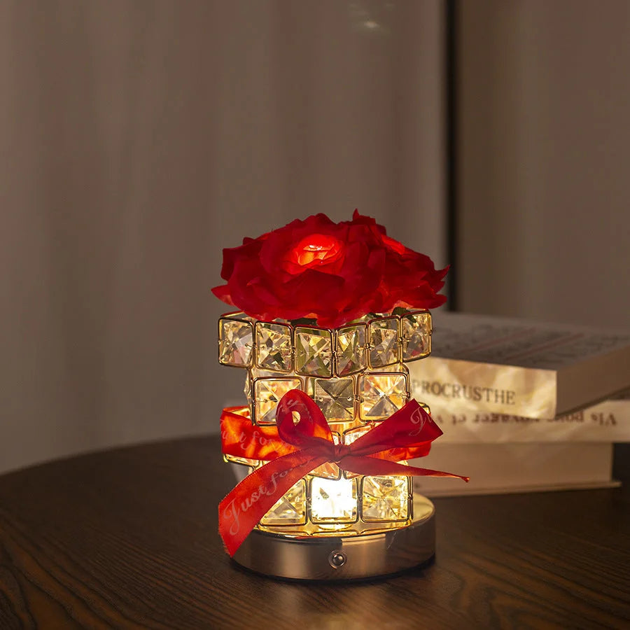 Red Rose LED Crystal Flower Table Lamp - USB Rechargeable