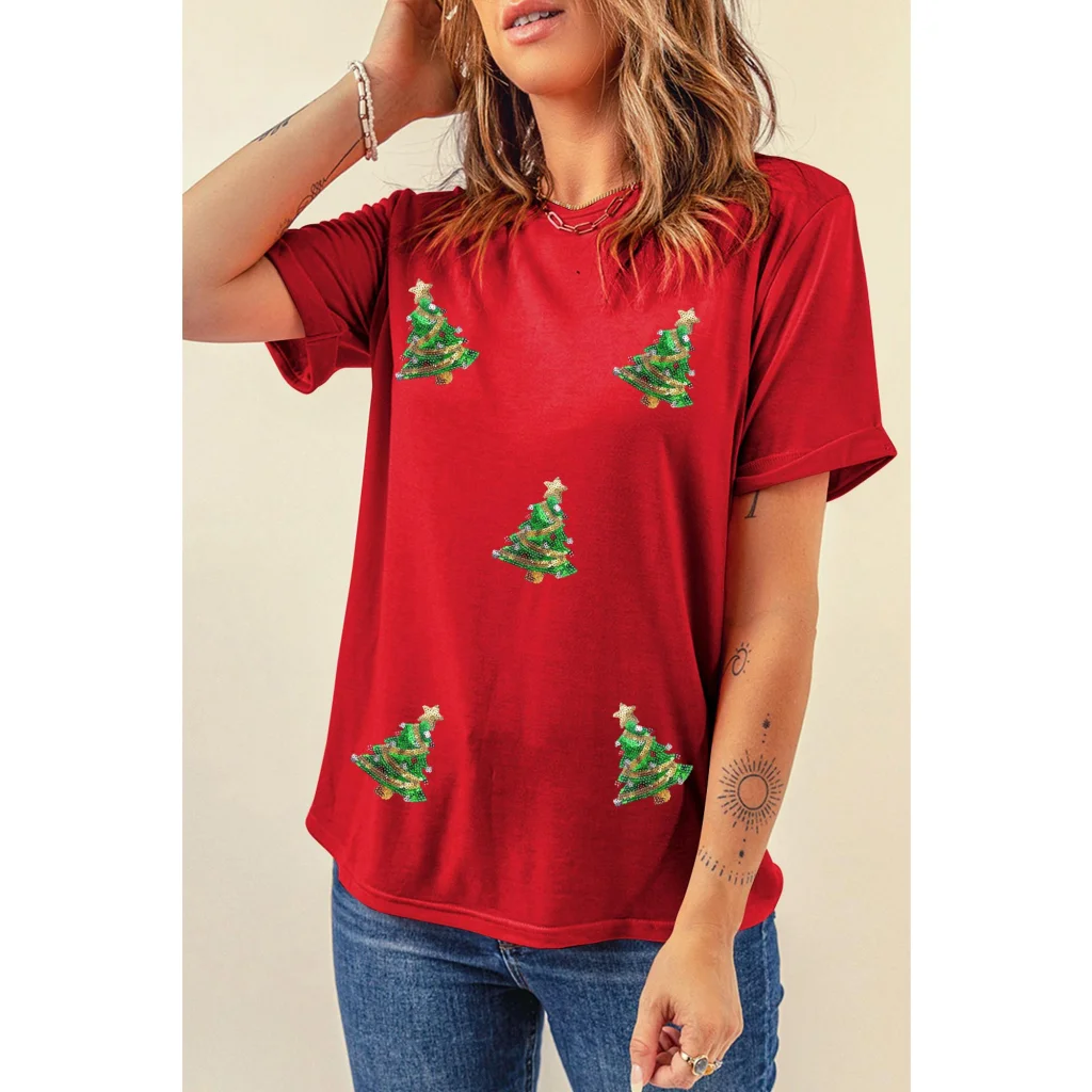 Red Sequined Christmas Tree Graphic Crewneck T Shirt - M