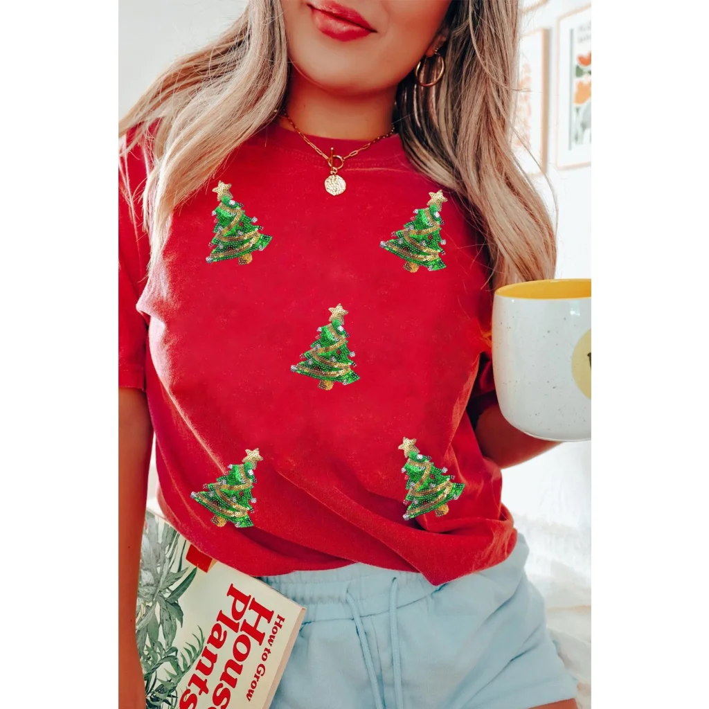 Red Sequined Christmas Tree Graphic Crewneck T Shirt - S