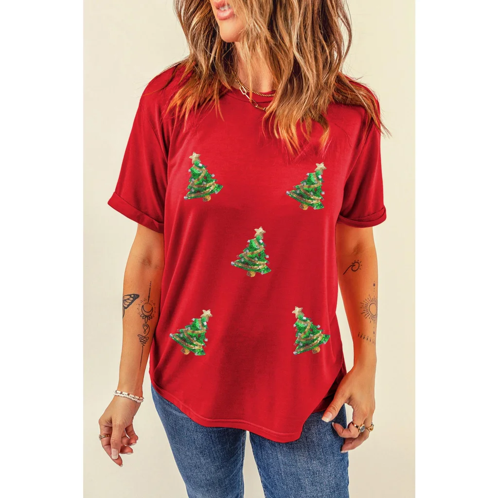 Red Sequined Christmas Tree Graphic Crewneck T Shirt - S