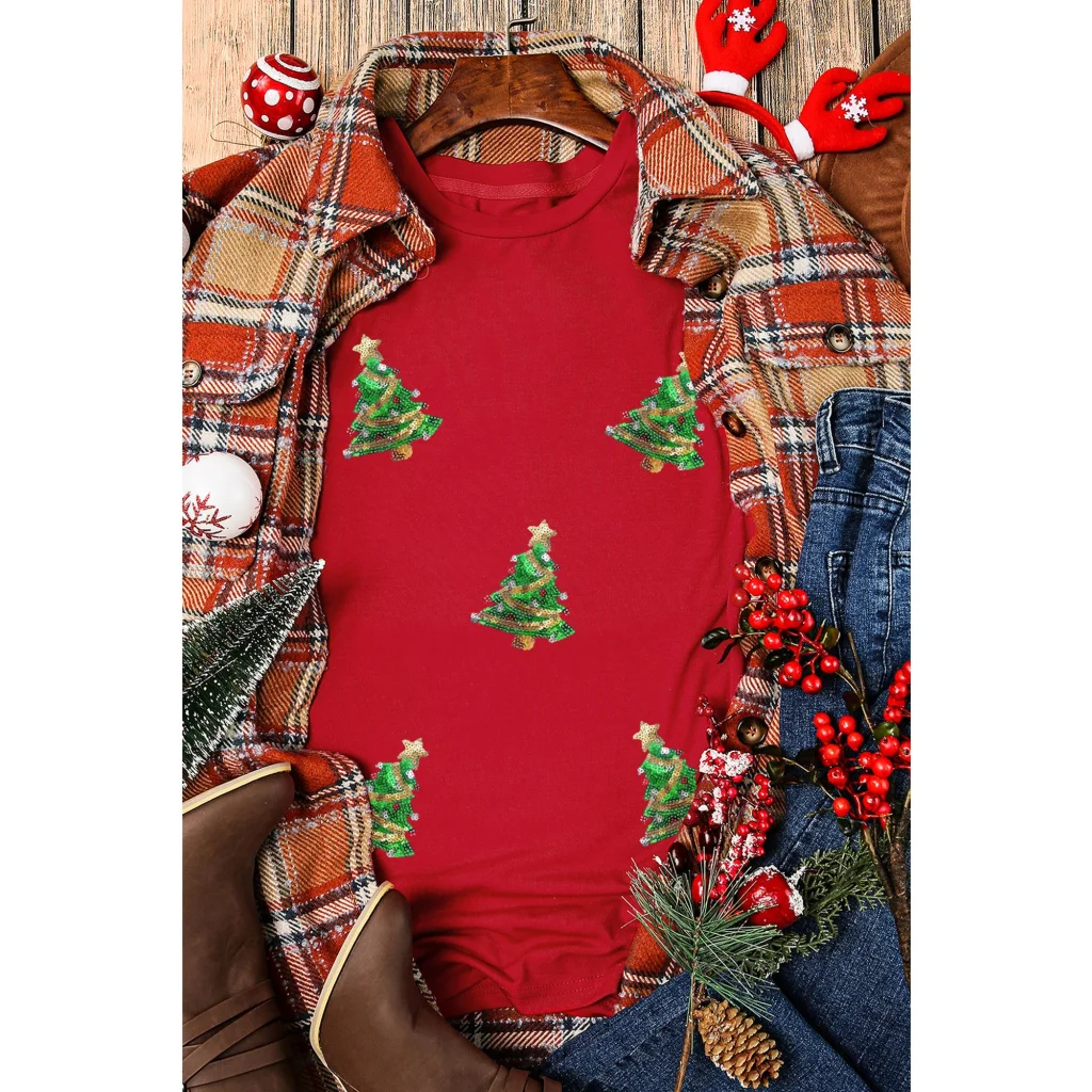 Red Sequined Christmas Tree Graphic Crewneck T Shirt - XL