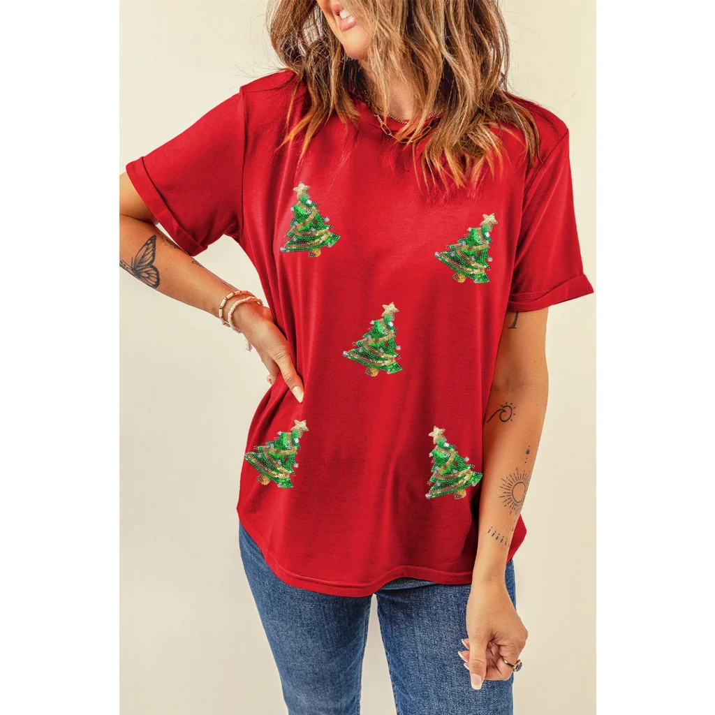 Red Sequined Christmas Tree Graphic Crewneck T Shirt - XL