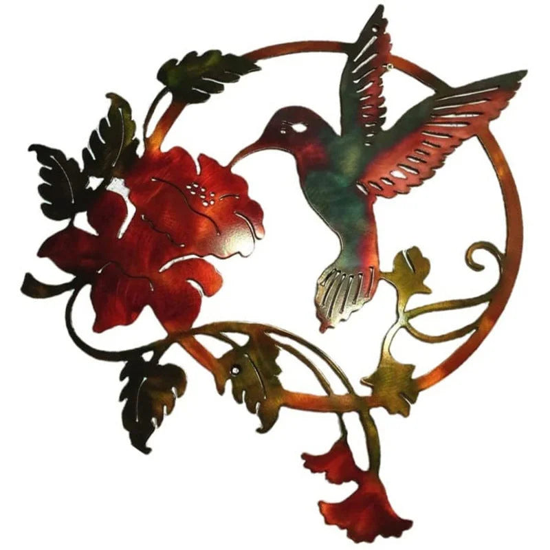 Red Set of 2 Round Metal Wall Art - Hummingbird & Flower