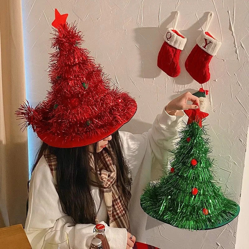Red Sparkly Tinsel Christmas Tree Hat - Festive Holiday