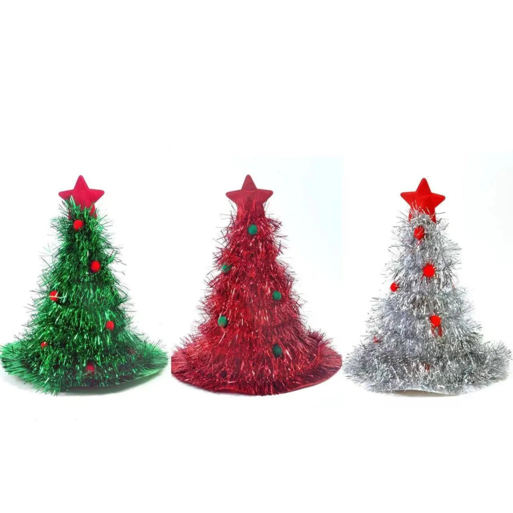 Red Sparkly Tinsel Christmas Tree Hat - Festive Holiday