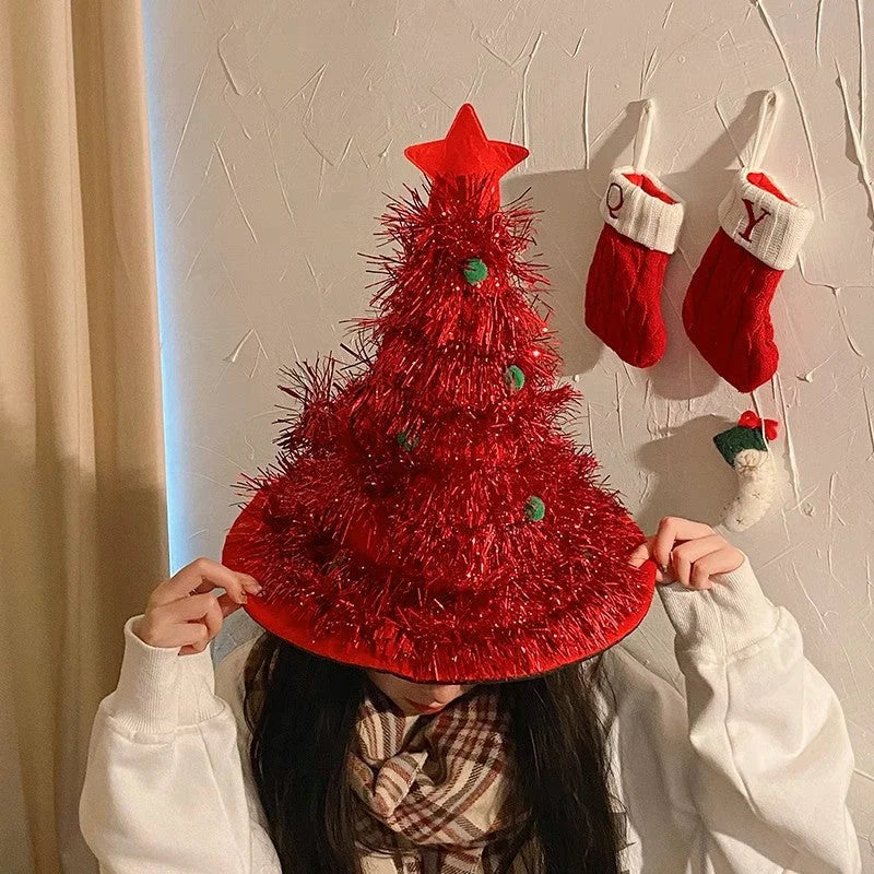 Red Sparkly Tinsel Christmas Tree Hat - Festive Holiday