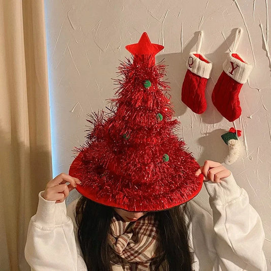 Red Sparkly Tinsel Christmas Tree Hat - Festive Holiday