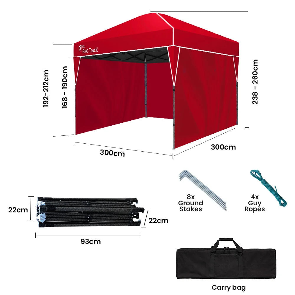 RED TRACK 3x3m Ultra Compact Folding Gazebo Walls Carry bag