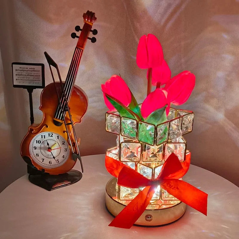 Red tulips LED Crystal Flower Table Lamp - USB Rechargeable