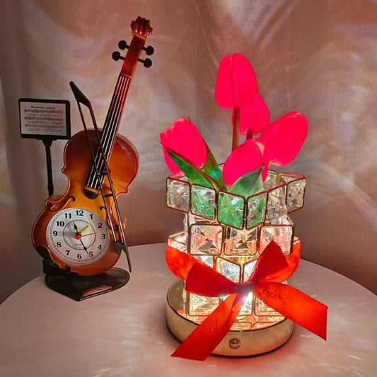 Red tulips LED Crystal Flower Table Lamp - USB Rechargeable