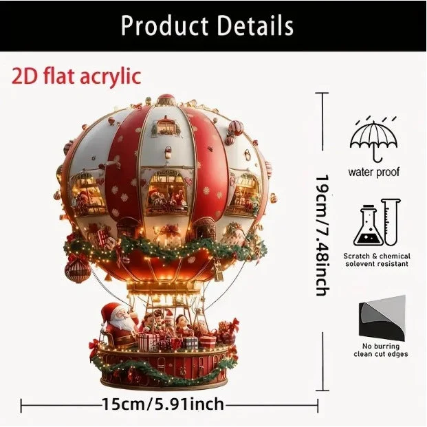 Red Whimsical Santa’s Hot Air Balloon Ornament - 2D Flat