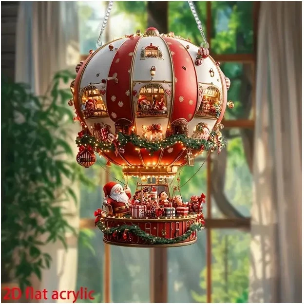 Red Whimsical Santa’s Hot Air Balloon Ornament - 2D Flat
