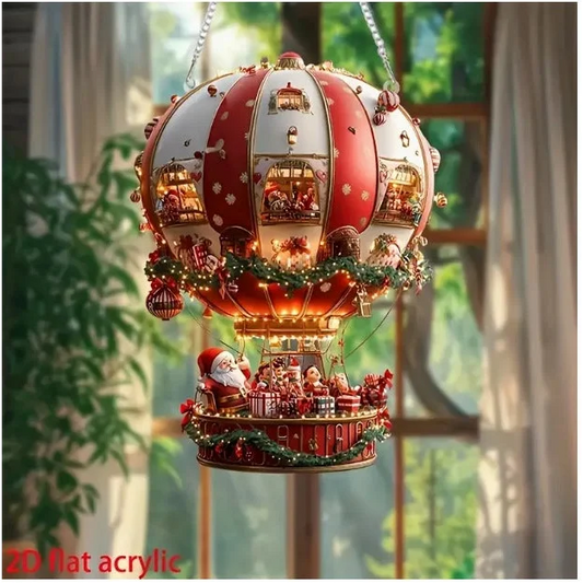Red Whimsical Santa’s Hot Air Balloon Ornament - 2D Flat