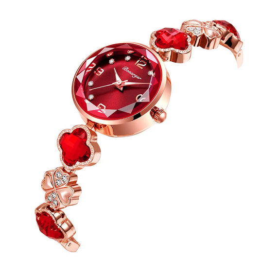 Red Women’s Four-Leaf Clover Quartz Watch with Red Dial