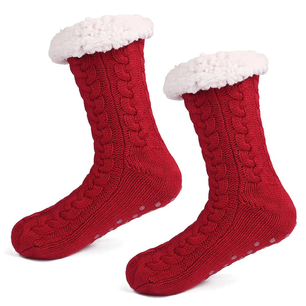 Red Women’s Fuzzy Slipper Socks - Warm Fleece Lined Thermal