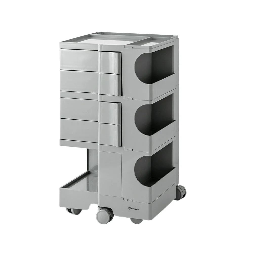 Grey storage trolley with drawer storage and towel rail