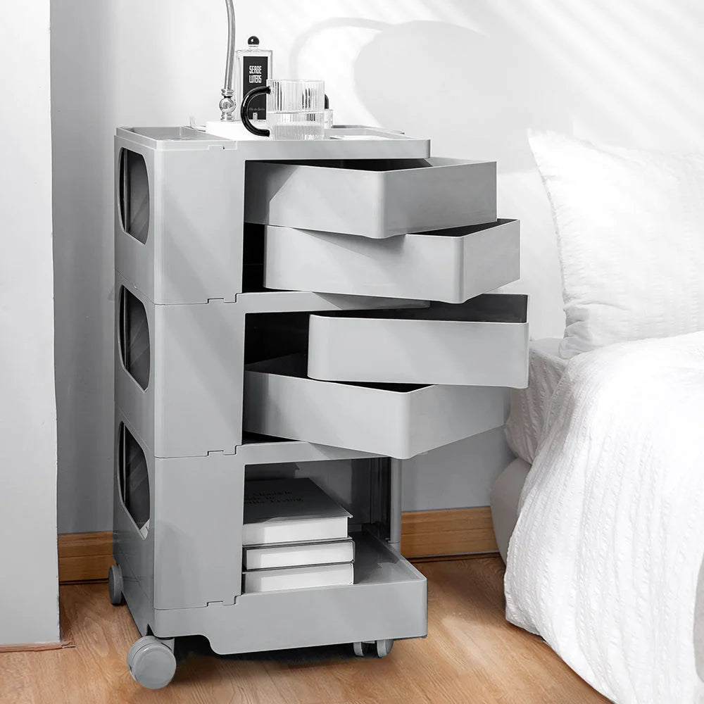 Grey storage trolley with handle rail and storage shelves