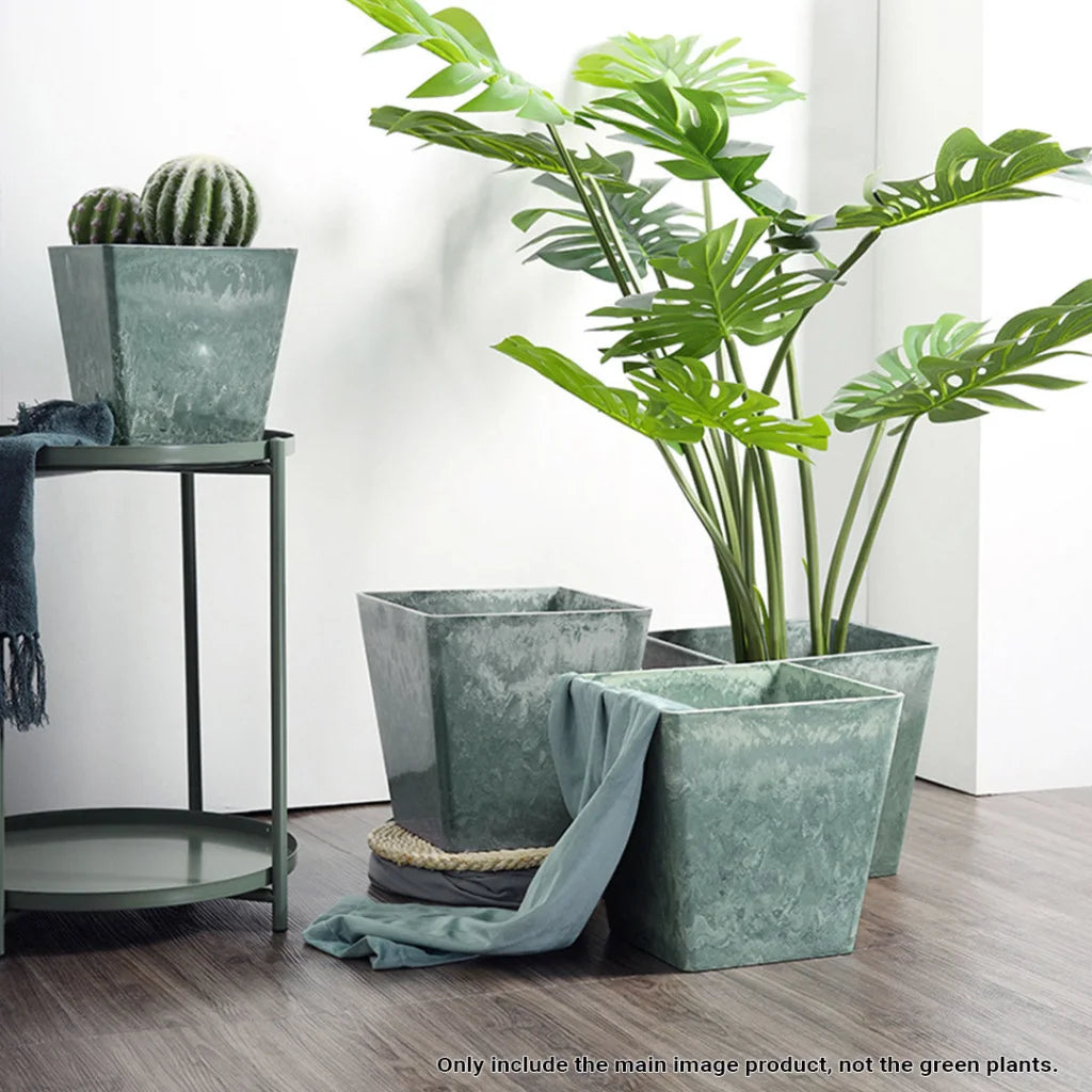 Resin Plant Flower Pot 27cm Green Grey Square in Cement Pattern Planter Cachepot for Indoor Home Office