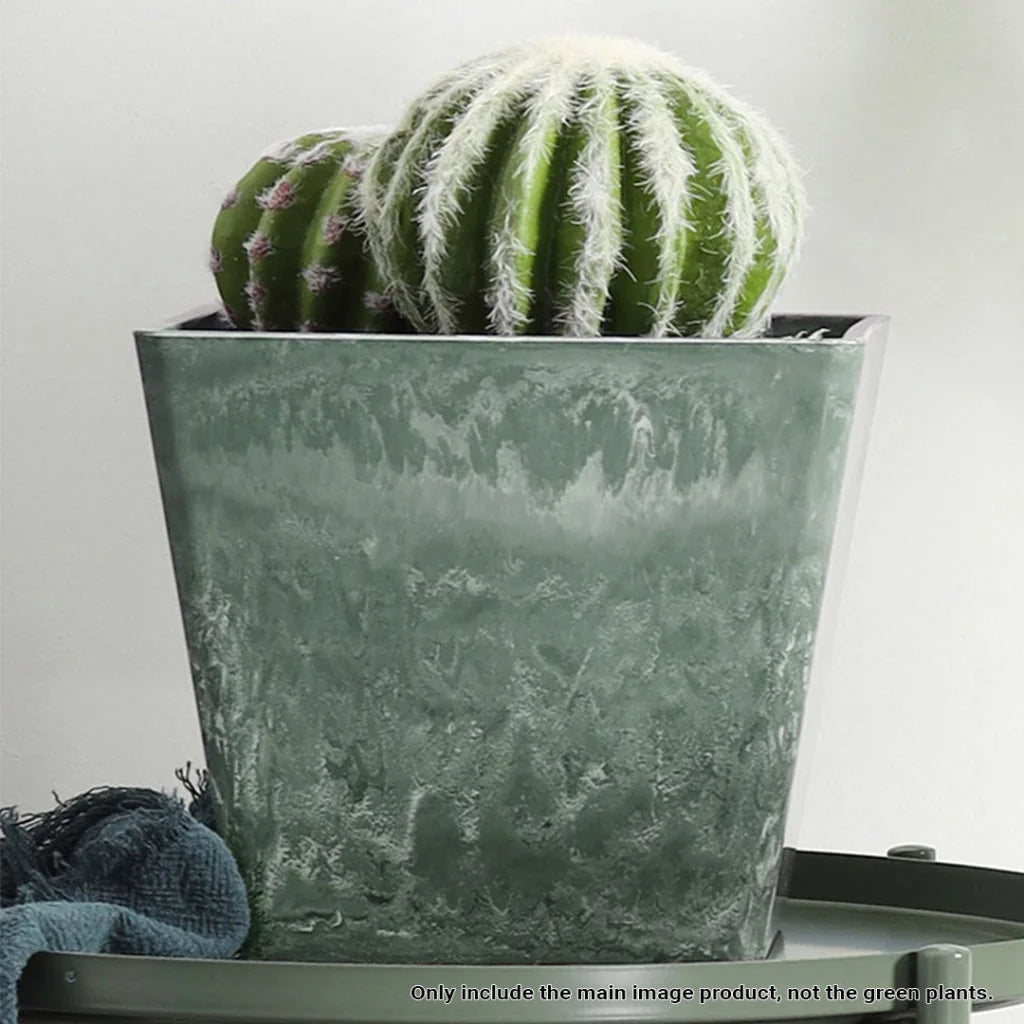 Resin Plant Flower Pot 27cm Green Grey Square in Cement Pattern Planter Cachepot for Indoor Home Office