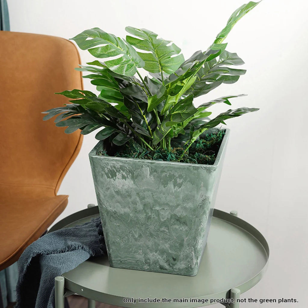 Resin Plant Flower Pot 27cm Green Grey Square in Cement Pattern Planter Cachepot for Indoor Home Office