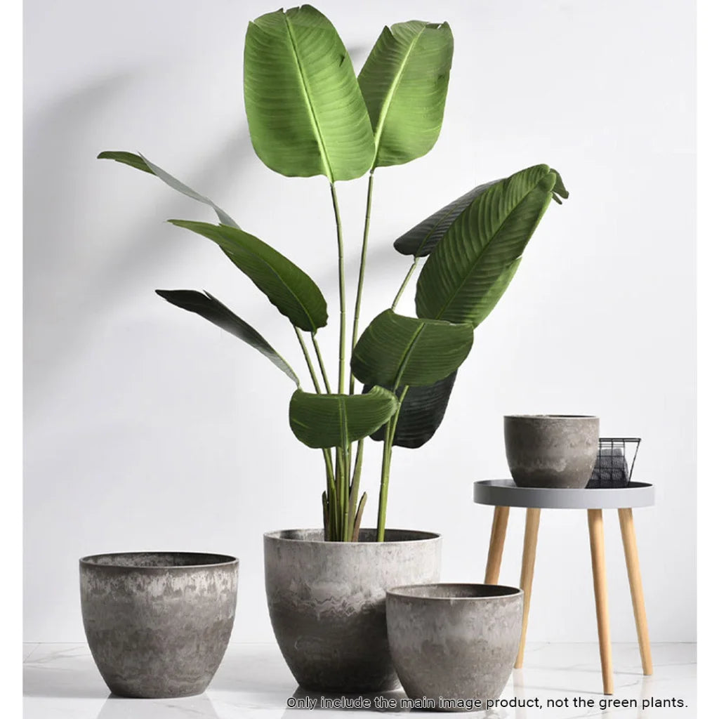 Resin Plant Flower Pot 27cm Rock Grey Round in Cement Pattern Planter Cachepot for Indoor Home Office