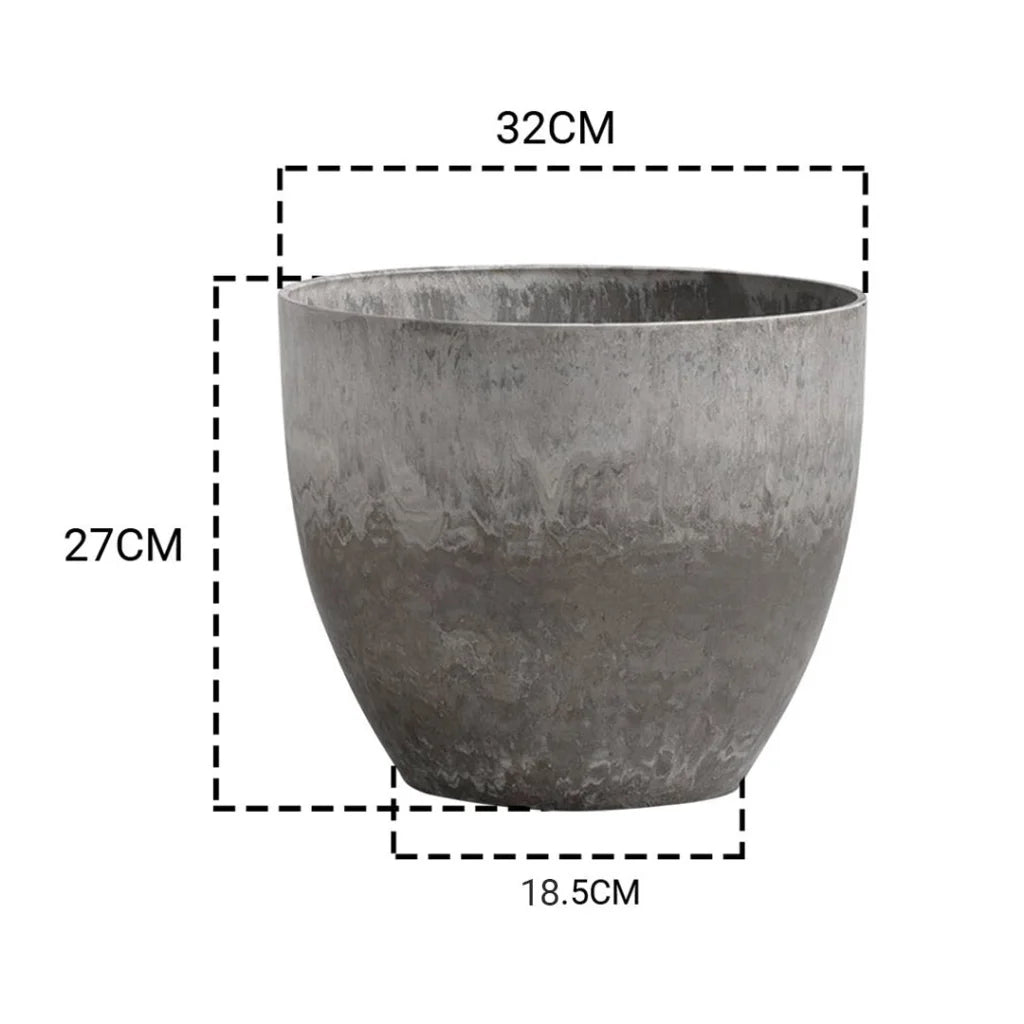 Resin Plant Flower Pot 27cm Rock Grey Round in Cement Pattern Planter Cachepot for Indoor Home Office