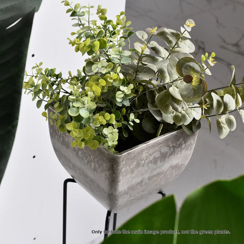 Resin Plant Flower Pot 27cm Rock Grey Square in Cement Pattern Planter Cachepot for Indoor Home Office