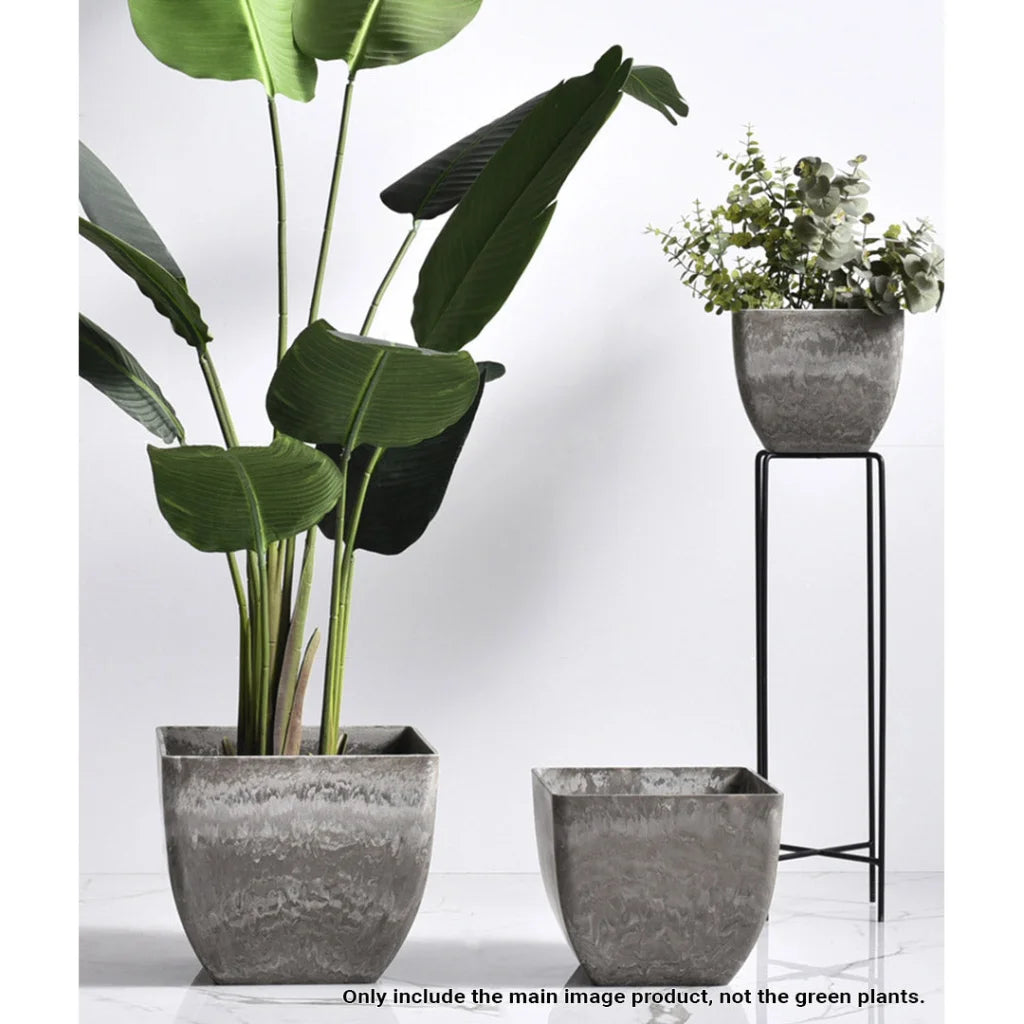 Resin Plant Flower Pot 27cm Rock Grey Square in Cement Pattern Planter Cachepot for Indoor Home Office