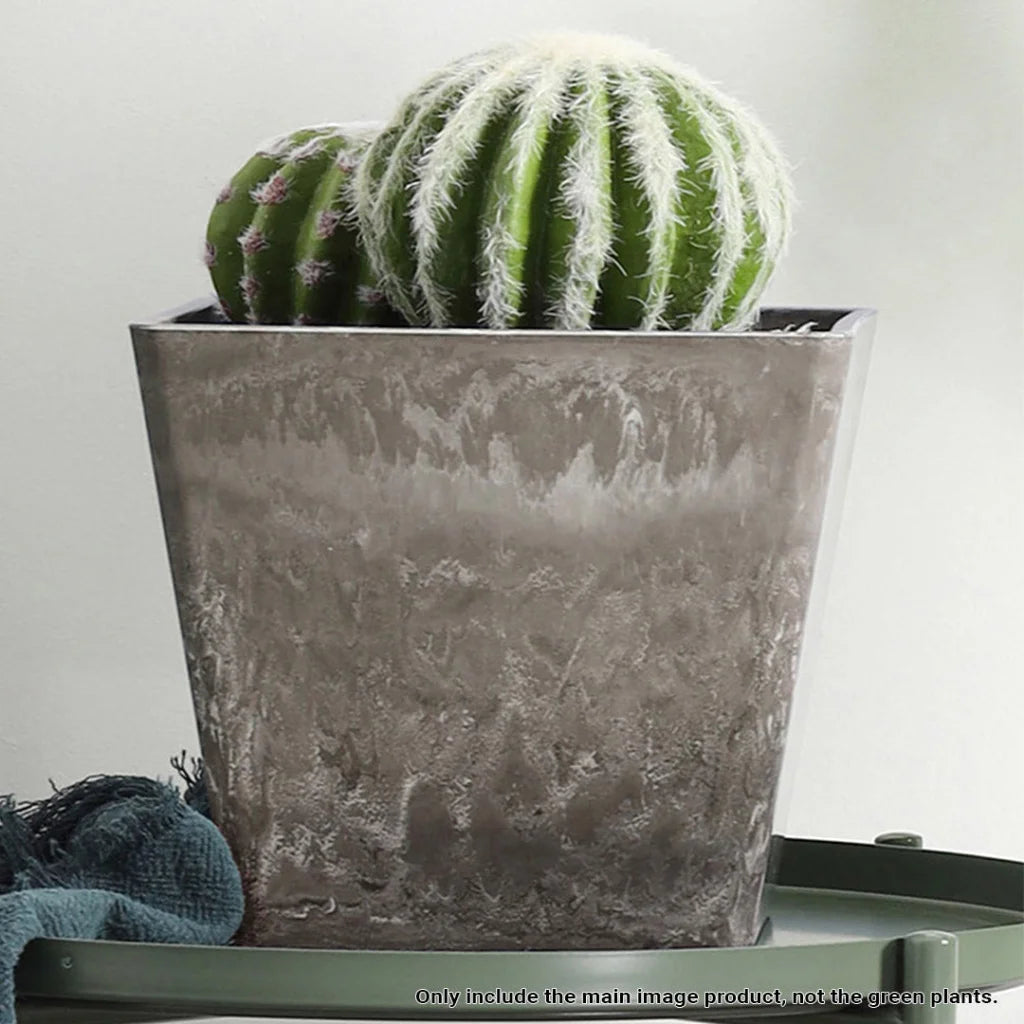 Resin Plant Flower Pot 27cm Sand Grey Square in Cement Pattern Planter Cachepot for Indoor Home Office