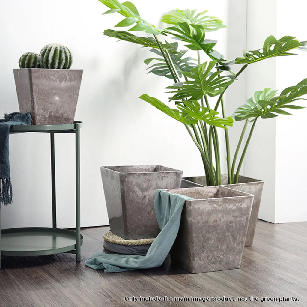 Resin Plant Flower Pot 27cm Sand Grey Square in Cement Pattern Planter Cachepot for Indoor Home Office