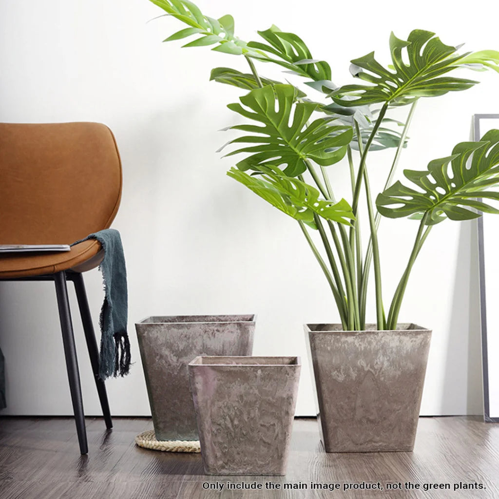 Resin Plant Flower Pot 27cm Sand Grey Square in Cement Pattern Planter Cachepot for Indoor Home Office